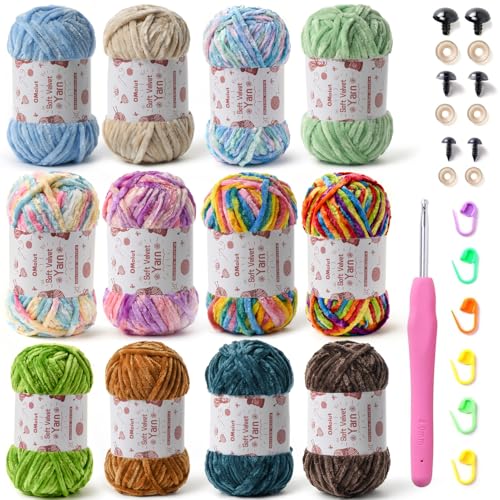 OMoiut 12er-Pack Chenille-Garn – Babygarn zum Häkeln weich – Weiß, Rot, Rosa, Gelb, Blau, Regenbogen-Samtgarn, Häkeldecke – Amigurumi-Garnpaket mit Häkelzubehör C von OMoiut