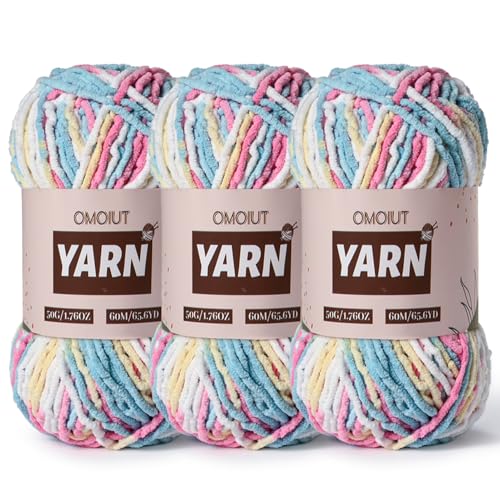 3 Packungen Plüsch-Chenille-Häkelgarn – Babygarn zum Häkeln weich – Samtgarne Stricken für Decken, Handwerk – flauschige Amigurumi-Garne 150 g (3 Bonbonfarben) von OMoiut