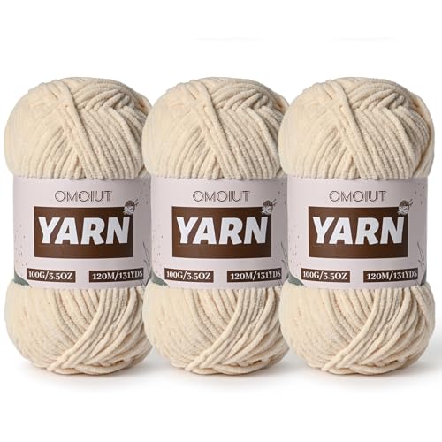3 Packungen Plüsch-Chenille-Häkelgarn – Babygarn zum Häkeln weich – Samtgarne Stricken für Decken, Handwerk – flauschige Amigurumi-Garne 300 g (3 Beige) von OMoiut