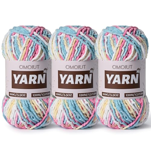 3 Packungen Plüsch-Chenille-Häkelgarn – Babygarn zum Häkeln weich – Samtgarne Stricken für Decken, Handwerk – flauschige Amigurumi-Garne 300 g (3 Bonbonfarben) von OMoiut
