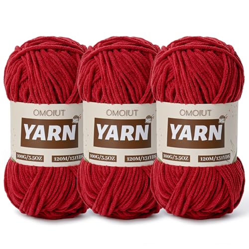 3 Packungen Plüsch-Chenille-Häkelgarn – Babygarn zum Häkeln weich – Samtgarne Stricken für Decken, Handwerk – flauschige Amigurumi-Garne 300 g (3 Burgunderrot) von OMoiut