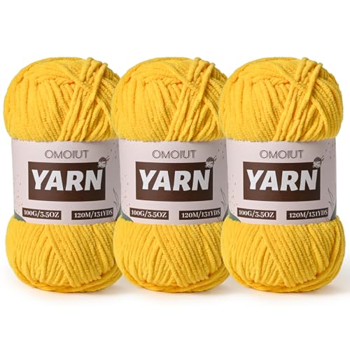 3 Packungen Plüsch-Chenille-Häkelgarn – Babygarn zum Häkeln weich – Samtgarne Stricken für Decken, Handwerk – flauschige Amigurumi-Garne 300 g (3 Goldgelb) von OMoiut
