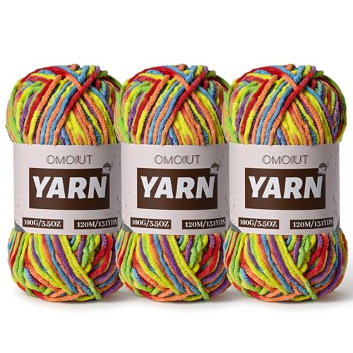 3 Packungen Plüsch-Chenille-Häkelgarn – Babygarn zum Häkeln weich – Samtgarne Stricken für Decken, Handwerk – flauschige Amigurumi-Garne 300 g (3 Regenbogen) von OMoiut