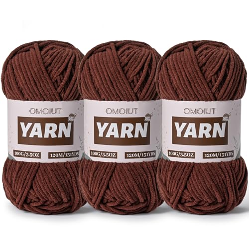 3 Packungen Plüsch-Chenille-Häkelgarn – Babygarn zum Häkeln weich – Samtgarne Stricken für Decken, Handwerk – flauschige Amigurumi-Garne 300 g (3 dunkler Kaffee) von OMoiut