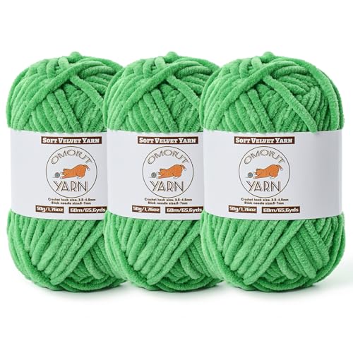 3 Stück weihnachtliches grünes flauschiges Samtgarn zum Häkeln, grobes Chenille-Babydeckengarn zum Häkeln, weiches, flauschiges Puzzle-Garn zum Stricken, (je 50 g) sperrige, dicke Amigurumi-Häkelgarne von OMoiut