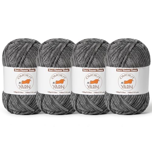 4 Stück dunkelgraues, flauschiges Samtgarn zum Häkeln, grobes Chenille-Babydeckengarn zum Häkeln, weiches, flauschiges Puzzle-Garn zum Stricken, (je 100 g) sperrige, dicke Amigurumi-Häkelgarne von OMoiut