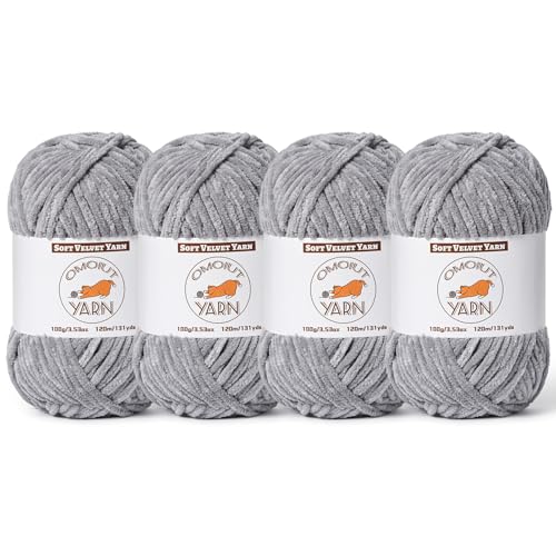 4 Stück graues, flauschiges Samtgarn zum Häkeln, grobes Chenille-Babydeckengarn zum Häkeln, weiches, flauschiges Puzzle-Garn zum Stricken, (je 100 g) sperrige, dicke Amigurumi-Häkelgarne von OMoiut
