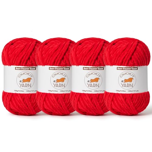 4 Stück rotes flauschiges Samtgarn zum Häkeln, grobes Chenille-Babydeckengarn zum Häkeln, weiches, flauschiges Puzzle-Garn zum Stricken, (je 100 g) sperrige, dicke Amigurumi-Häkelgarne von OMoiut