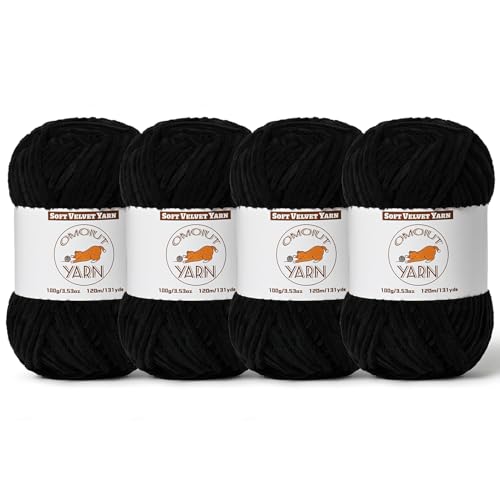4 Stück schwarzes, flauschiges Samtgarn zum Häkeln, grobes Chenille-Babydeckengarn zum Häkeln, weiches flauschiges Puzzle-Garn zum Stricken, (je 100 g) sperrige, dicke Amigurumi-Häkelgarne von OMoiut