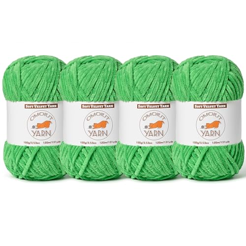 4 Stück weihnachtliches grünes flauschiges Samtgarn zum Häkeln, grobes Chenille-Babydeckengarn zum Häkeln, weiches, flauschiges Puzzle-Garn zum Stricken, (je 100 g) sperrige, dicke von OMoiut