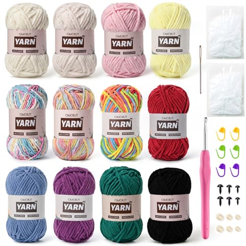 Amigurumi-Garn-Set mit 600 g Häkelgarn, Häkelnadel, Maschenmarkierer, flauschige Füllung, Zubehör, 12 Stück Amigurumi-Garn-Set mit 600 g Häkelgarn, Häkelnadel, Maschenmarkierer, flauschige Füllung, Zubehör, 12 Stück von OMoiut