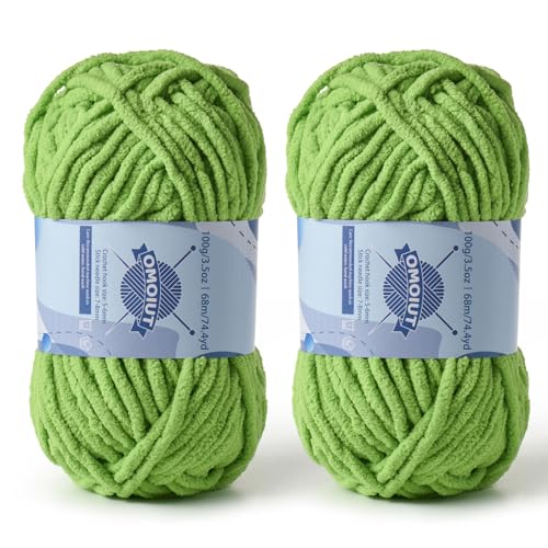 Dickes Chenille-Garn zum Häkeln, Babygarn zum Häkeln, weiche Decken, sperrige Garne zum Häkeln, Amigurumi, 2 x 100 g, flauschige Samtgarne zum Handstricken, 2 x 100 g, 2 x 74 m, 2 x 74 m, Grasgrün von OMoiut