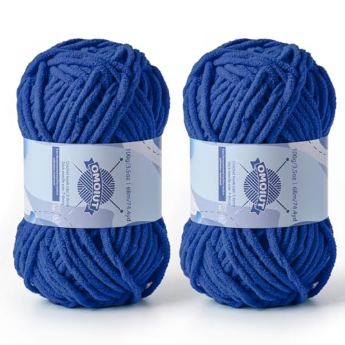 Dickes Chenille-Garn zum Häkeln, Babygarn zum Häkeln, weiche Decken, sperrige Garne zum Häkeln, Amigurumi, 2 x 100 g, flauschige Samtgarne zum Handstricken, 2 x 100 g, 2 x 74 m, 2 x 74 m, Saphirblau von OMoiut