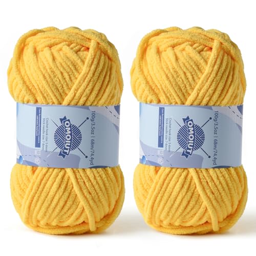 Dickes Chenille-Garn zum Häkeln, Babygarn zum Häkeln, weiche Decken, sperrige Garne zum Häkeln, Amigurumi, 2 x 100 g, flauschige Samtgarne zum Handstricken, 2 x 100 g, 2 x 74 m, 2 x 74 m, Gelb von OMoiut
