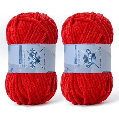 Dickes Chenille-Garn zum Häkeln, Babygarn zum Häkeln, weiche Decken, sperrige Garne zum Häkeln, Amigurumi, 2 x 100 g, flauschige Samtgarne zum Handstricken, 2 x 100 g, 2 x 74 m, 2 x 74 m, Rot von OMoiut