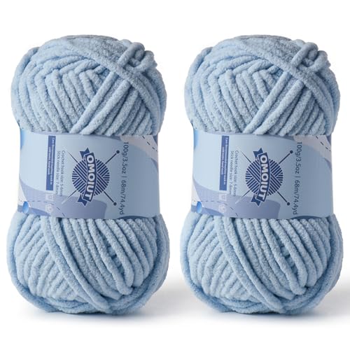 Dickes Chenille-Garn zum Häkeln, Babygarn zum Häkeln, weiche Decken, sperrige Garne zum Häkeln, Amigurumi, 2 x 100 g, flauschige Samtgarne zum Handstricken, 2 x 100 g, 2 x 74 m, Himmelblau von OMoiut