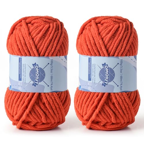 Dickes Chenille-Garn zum Häkeln, Babygarn zum Häkeln, weiche Decken, sperrige Garne zum Häkeln, Amigurumi, 2 x 100 g, flauschige Samtgarne zum Handstricken, 2 x 100 g, 2 x 74 m, Orange von OMoiut