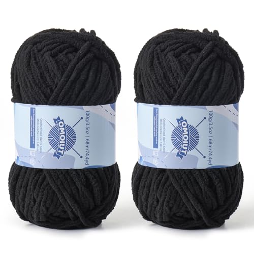 Dickes Chenille-Garn zum Häkeln, Babygarn zum Häkeln, weiche Decken, sperrige Garne zum Häkeln, Amigurumi, 2 x 100 g, flauschige Samtgarne zum Handstricken, 2 x 100 g, 2 x 74 m, Schwarz von OMoiut