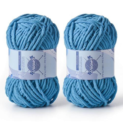 Dickes Chenille-Garn zum Häkeln, Babygarn zum Häkeln, weiche Decken, sperrige Garne zum Häkeln, Amigurumi, 2 x 100 g, flauschige Samtgarne zum Handstricken, 2 x 100 g, 2 x 74 m, Seeblau von OMoiut