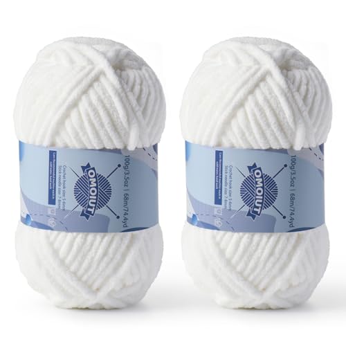 Dickes Chenille-Garn zum Häkeln, Babygarn zum Häkeln, weiche Decken, sperrige Garne zum Häkeln, Amigurumi, 2 x 100 g, flauschige Samtgarne zum Handstricken, 2 x 100 g, 2 x 74 m, Weiß von OMoiut