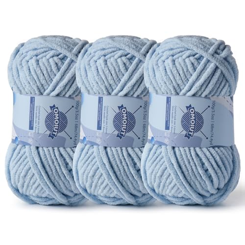 Dickes Chenille-Garn zum Häkeln, Babygarn zum Häkeln, weiche Decken, sperrige Garne zum Häkeln, Amigurumi, 3 x 100 g, flauschige Samtgarne zum Handstricken, 3 x 100 g, 3 x 74 m, 3 x 74 m, Himmelblau Dickes Chenille-Garn zum Häkeln, Babygarn zum Häkeln, weiche Decken, sperrige Garne zum Häkeln, Amigurumi, 3 x 100 g, flauschige Samtgarne zum Handstricken, 3 x 100 g, 3 x 74 m, 3 x 74 m, Himmelblau von OMoiut
