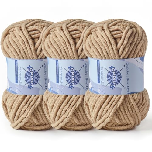 Dickes Chenille-Garn zum Häkeln, Babygarn zum Häkeln, weiche Decken, sperrige Garne zum Häkeln, Amigurumi, 3 x 100 g, flauschige Samtgarne zum Handstricken, 3 x 100 g, 3 x 74 m, 3 x 74 m, Khaki von OMoiut