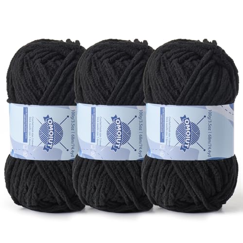 Dickes Chenille-Garn zum Häkeln, Babygarn zum Häkeln, weiche Decken, sperrige Garne zum Häkeln, Amigurumi, 3 x 100 g, flauschige Samtgarne zum Handstricken, 3 x 100 g, 3 x 74 m, 3 x 74 m, Schwarz Dickes Chenille-Garn zum Häkeln, Babygarn zum Häkeln, weiche Decken, sperrige Garne zum Häkeln, Amigurumi, 3 x 100 g, flauschige Samtgarne zum Handstricken, 3 x 100 g, 3 x 74 m, 3 x 74 m, Schwarz von OMoiut