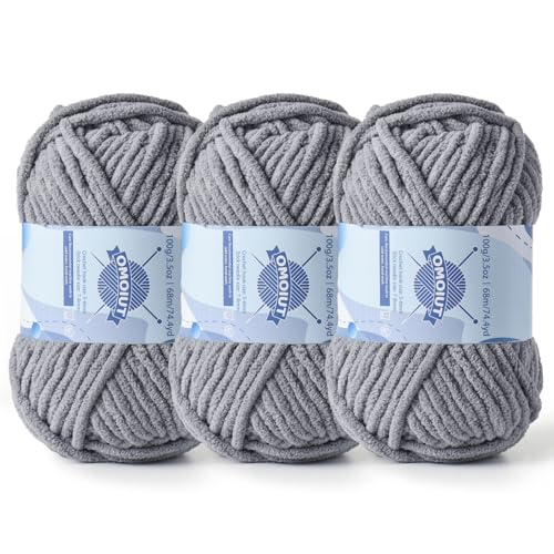 Dickes Chenille-Garn zum Häkeln, Babygarn zum Häkeln, weiche Decken, sperrige Garne zum Häkeln, Amigurumi, 3 x 100 g, flauschige Samtgarne zum Handstricken, 3 x 100 g, 3 x 74 m, hellgrau Dickes Chenille-Garn zum Häkeln, Babygarn zum Häkeln, weiche Decken, sperrige Garne zum Häkeln, Amigurumi, 3 x 100 g, flauschige Samtgarne zum Handstricken, 3 x 100 g, 3 x 74 m, hellgrau von OMoiut