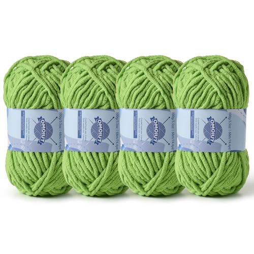 Dickes Chenille-Garn zum Häkeln, Babygarn zum Häkeln, weiche Decken, sperrige Garne zum Häkeln, Amigurumi, 4 x 100 g, flauschige Samtgarne zum Handstricken, 4 x 100 g, 4 x 74 m, 4 x 74 m, Grasgrün von OMoiut