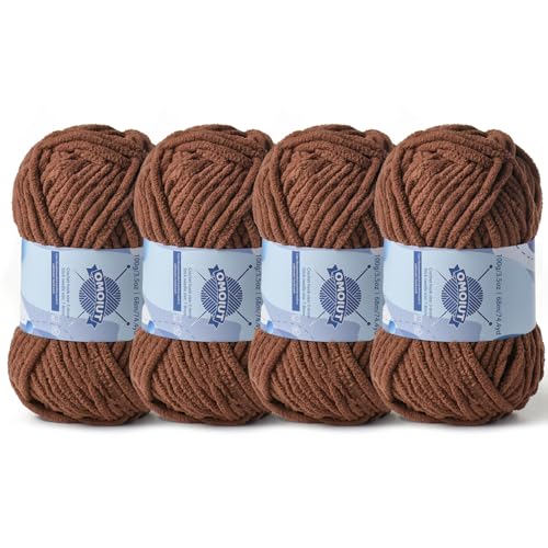 Dickes Chenille-Garn zum Häkeln, Babygarn zum Häkeln, weiche Decken, sperrige Garne zum Häkeln, Amigurumi, 4 x 100 g, flauschige Samtgarne zum Handstricken, 4 x 100 g, 4 x 74 m, 4 x 74 m, Kaffeebraun von OMoiut