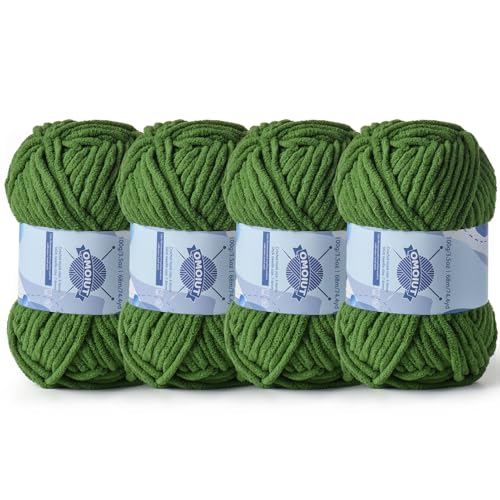 Dickes Chenille-Garn zum Häkeln, Babygarn zum Häkeln, weiche Decken, sperrige Garne zum Häkeln, Amigurumi, 4 x 100 g, flauschige Samtgarne zum Handstricken, 4 x 100 g, 4 x 74 m, 4 x 74 m, Kieferngrün von OMoiut