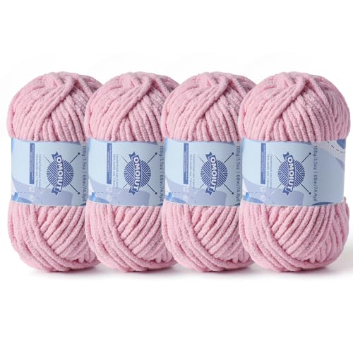 Dickes Chenille-Garn zum Häkeln, Babygarn zum Häkeln, weiche Decken, sperrige Garne zum Häkeln, Amigurumi, 4 x 100 g, flauschige Samtgarne zum Handstricken, 4 x 100 g, 4 x 74 m, 4 x 74 m, Hellrosa von OMoiut