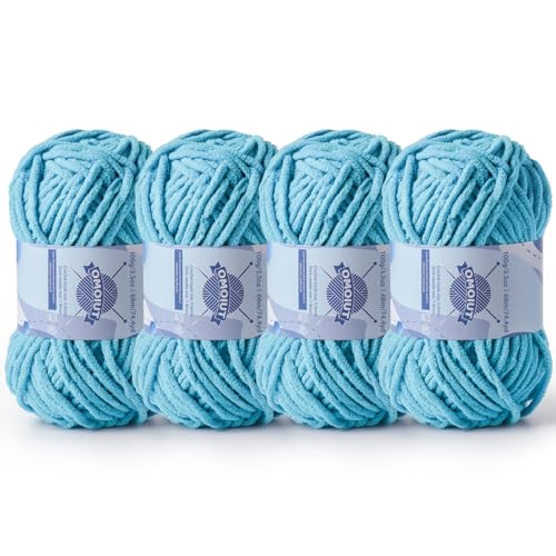 Dickes Chenille-Garn zum Häkeln, Babygarn zum Häkeln, weiche Decken, sperrige Garne zum Häkeln, Amigurumi, 4 x 100 g, flauschige Samtgarne zum Handstricken, 4 x 100 g, 4 x 74 m, Blau von OMoiut