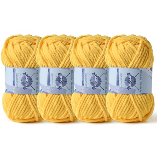 Dickes Chenille-Garn zum Häkeln, Babygarn zum Häkeln, weiche Decken, sperrige Garne zum Häkeln, Amigurumi, 4 x 100 g, flauschige Samtgarne zum Handstricken, 4 x 100 g, 4 x 74 m, Gelb von OMoiut