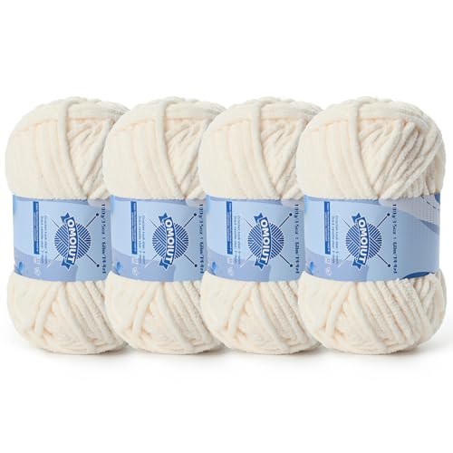 Dickes Chenille-Garn zum Häkeln, Babygarn zum Häkeln, weiche Decken, sperrige Garne zum Häkeln, Amigurumi, 4 x 100 g, flauschige Samtgarne zum Handstricken, 4 x 100 g, 4 x 74 m, Hellbeige von OMoiut