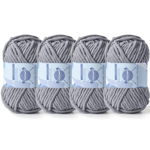 Dickes Chenille-Garn zum Häkeln, Babygarn zum Häkeln, weiche Decken, sperrige Garne zum Häkeln, Amigurumi, 4 x 100 g, flauschige Samtgarne zum Handstricken, 4 x 100 g, 4 x 74 m, Hellgrau von OMoiut