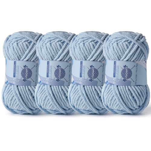 Dickes Chenille-Garn zum Häkeln, Babygarn zum Häkeln, weiche Decken, sperrige Garne zum Häkeln, Amigurumi, 4 x 100 g, flauschige Samtgarne zum Handstricken, 4 x 100 g, 4 x 74 m, Himmelblau von OMoiut