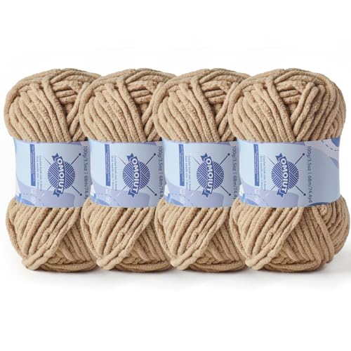 Dickes Chenille-Garn zum Häkeln, Babygarn zum Häkeln, weiche Decken, sperrige Garne zum Häkeln, Amigurumi, 4 x 100 g, flauschige Samtgarne zum Handstricken, 4 x 100 g, 4 x 74 m, Khaki von OMoiut