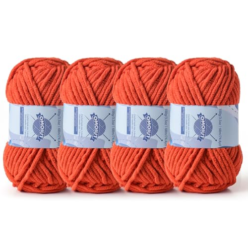 Dickes Chenille-Garn zum Häkeln, Babygarn zum Häkeln, weiche Decken, sperrige Garne zum Häkeln, Amigurumi, 4 x 100 g, flauschige Samtgarne zum Handstricken, 4 x 100 g, 4 x 74 m, Orange von OMoiut