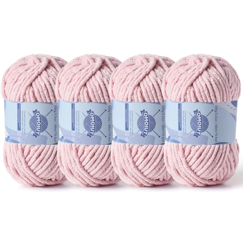 Dickes Chenille-Garn zum Häkeln, Babygarn zum Häkeln, weiche Decken, sperrige Garne zum Häkeln, Amigurumi, 4 x 100 g, flauschige Samtgarne zum Handstricken, 4 x 100 g, 4 x 74 m, Rosa von OMoiut