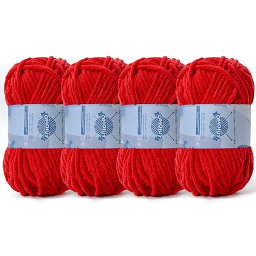 Dickes Chenille-Garn zum Häkeln, Babygarn zum Häkeln, weiche Decken, sperrige Garne zum Häkeln, Amigurumi, 4 x 100 g, flauschige Samtgarne zum Handstricken, 4 x 100 g, 4 x 74 m, Rot von OMoiut