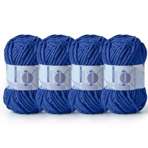 Dickes Chenille-Garn zum Häkeln, Babygarn zum Häkeln, weiche Decken, sperrige Garne zum Häkeln, Amigurumi, 4 x 100 g, flauschige Samtgarne zum Handstricken, 4 x 100 g, 4 x 74 m, Saphirblau von OMoiut