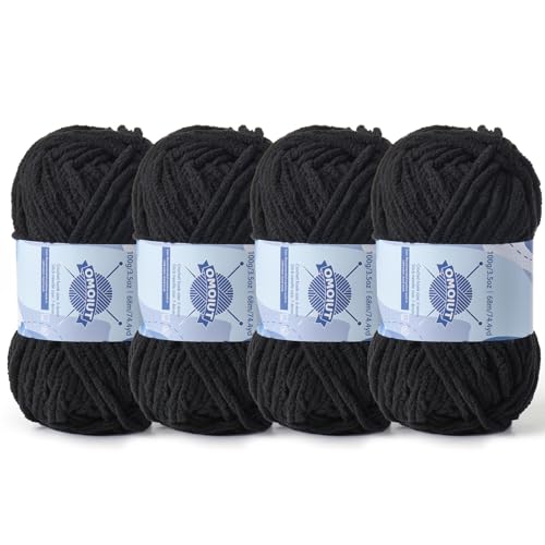 Dickes Chenille-Garn zum Häkeln, Babygarn zum Häkeln, weiche Decken, sperrige Garne zum Häkeln, Amigurumi, 4 x 100 g, flauschige Samtgarne zum Handstricken, 4 x 100 g, 4 x 74 m, Schwarz von OMoiut