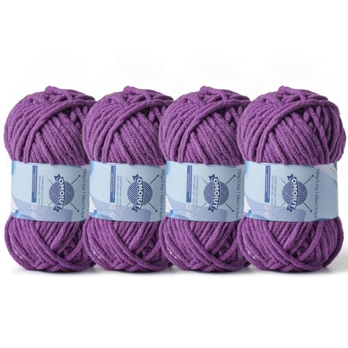 Dickes Chenille-Garn zum Häkeln, Babygarn zum Häkeln, weiche Decken, sperrige Garne zum Häkeln, Amigurumi, 4 x 100 g, flauschige Samtgarne zum Handstricken, 4 x 100 g, 4 x 74 m, Violett von OMoiut