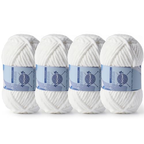 Dickes Chenille-Garn zum Häkeln, Babygarn zum Häkeln, weiche Decken, sperrige Garne zum Häkeln, Amigurumi, 4 x 100 g, flauschige Samtgarne zum Handstricken, 4 x 100 g, 4 x 74 m, Weiß von OMoiut