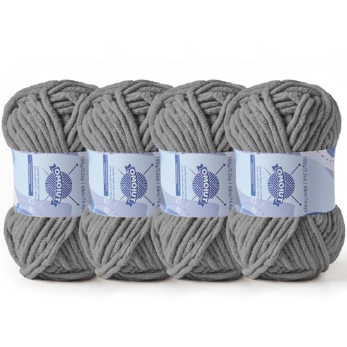 Dickes Chenille-Garn zum Häkeln, Babygarn zum Häkeln, weiche Decken, sperrige Garne zum Häkeln, Amigurumi, 4 x 100 g, flauschige Samtgarne zum Handstricken, 4 x 100 g, 4 x 74 m, dunkelgrau von OMoiut