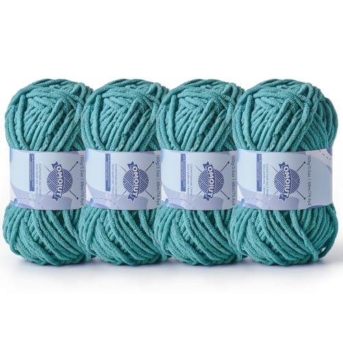 Dickes Chenille-Garn zum Häkeln, Babygarn zum Häkeln, weiche Decken, sperrige Garne zum Häkeln, Amigurumi, 4 x 100 g, flauschige Samtgarne zum Handstricken, 4 x 100 g, 4 x 74 m, tiefes Cyan von OMoiut