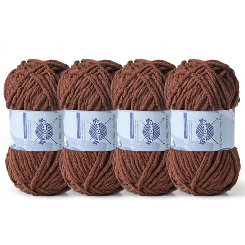 Dickes Chenille-Garn zum Häkeln, Babygarn zum Häkeln, weiche Decken, sperrige Garne zum Häkeln, Amigurumi, 4 x 100 g, flauschige Samtgarne zum Handstricken, 4 x 100 g, 4 x 74 m, tiefes Kaffeebraun von OMoiut