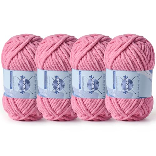 Dickes Chenille-Garn zum Häkeln, Babygarn zum Häkeln, weiche Decken, sperrige Garne zum Häkeln, Amigurumi, 4 x 100 g, flauschige Samtgarne zum Handstricken, 4 x 100 g, 4 x 74 m, tiefes Rosa von OMoiut
