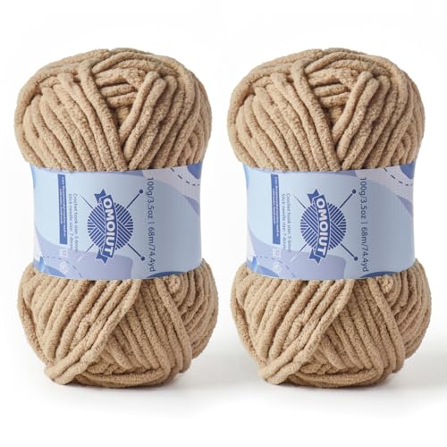 Dickes Chenille-Garn zum Häkeln, Babygarn zum Häkeln, weiche Decken, sperrige Garne zum Häkeln von Amigurumi, 2 x 100 g, flauschige Samtgarne zum Handstricken, 2 x 100 g, 2 x 74 m, Khaki von OMoiut